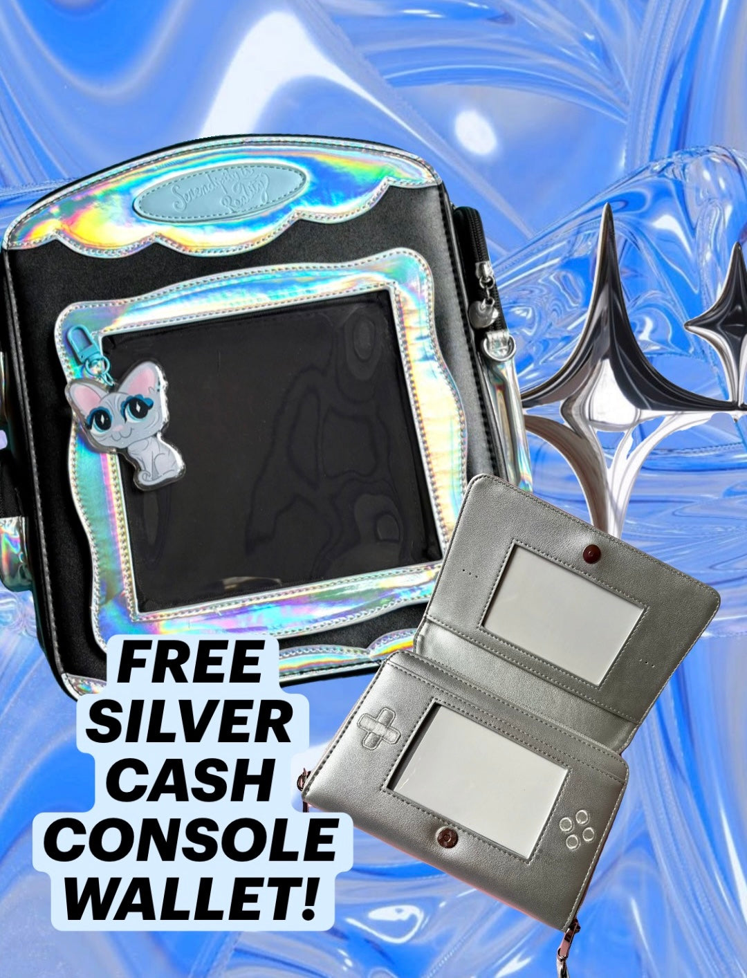 BUNDLE: BLACK (Y3K Kitten) Digital Pals Ita Backpack + silver CashConsole wallet