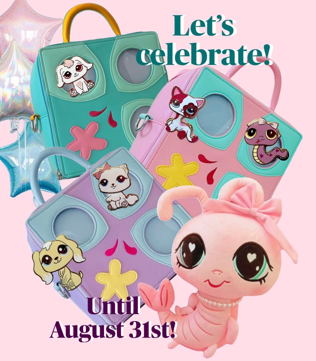 CELEBRATION BUNDLE: 2000s Tiniest Ita Bags, Shrimp Plush, 3 RANDOM enamel pins!