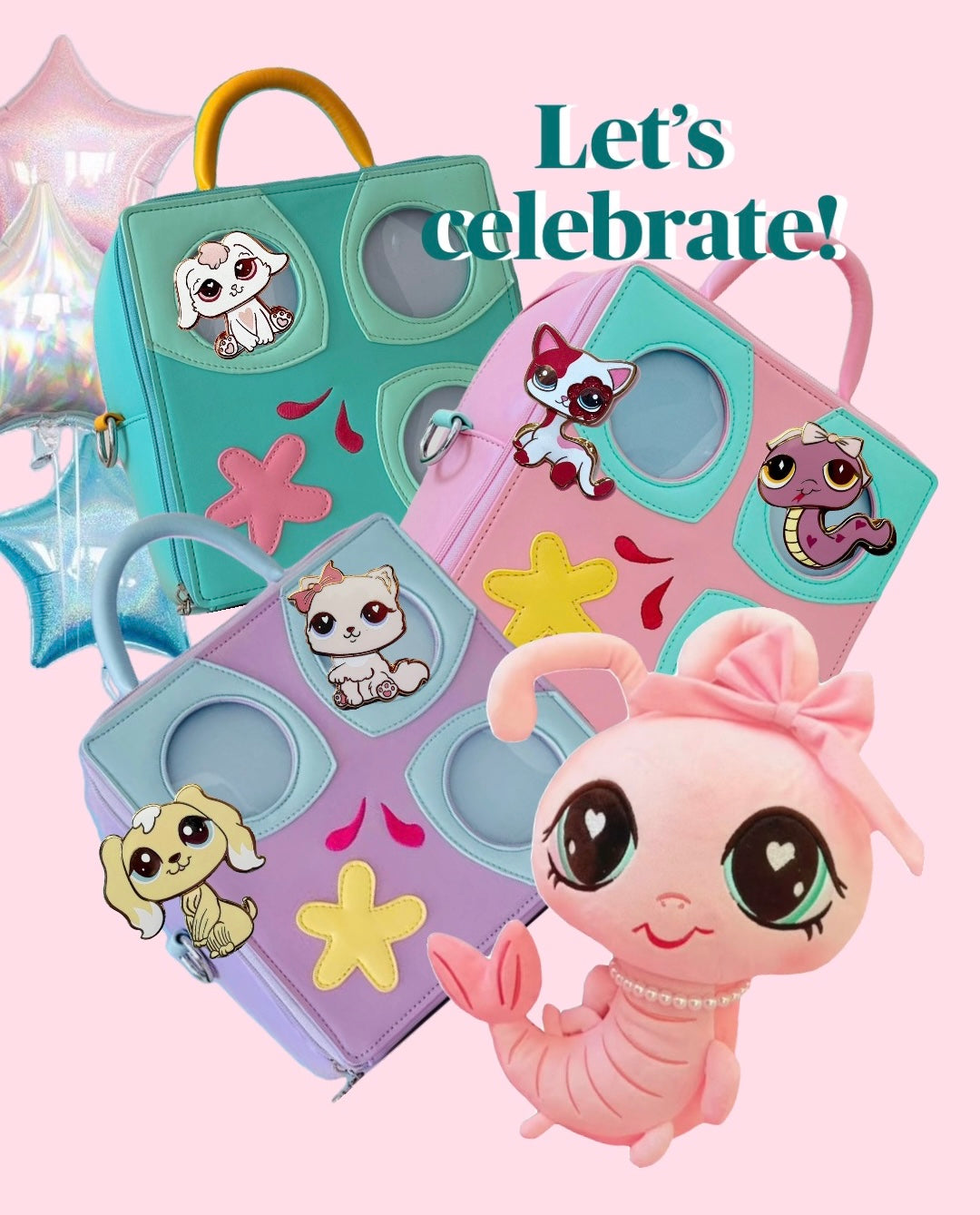 CELEBRATION BUNDLE: 2000s Tiniest Ita Bags, Shrimp Plush, 3 RANDOM enamel pins!